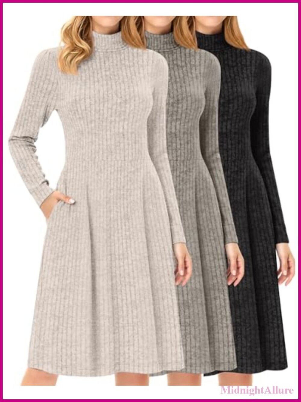 3-Pack Women's Turtleneck Long Sleeve Knit Dresses with Pockets